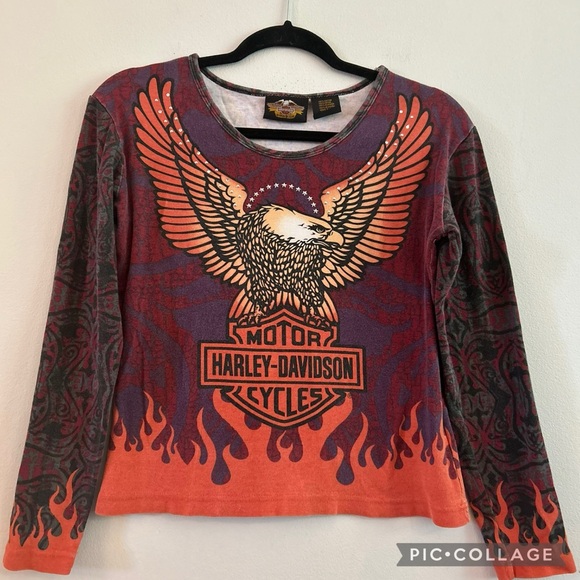 Harley-Davidson Tops - Vintage Y2K Harley Davidson AOP Studded Eagle Flames Long Sleeve Tee S